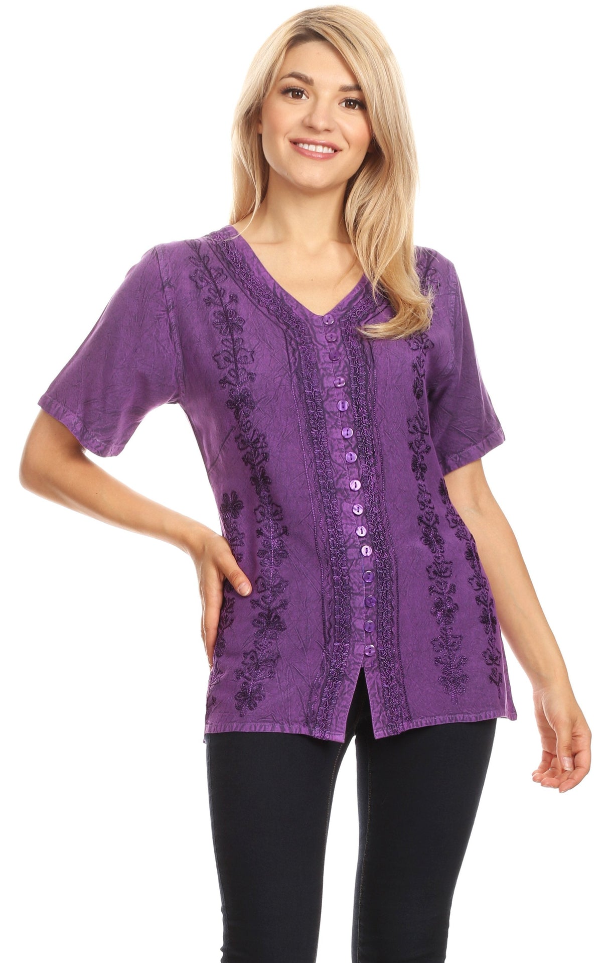 Embroidered V-Neck Button-Down Blouse