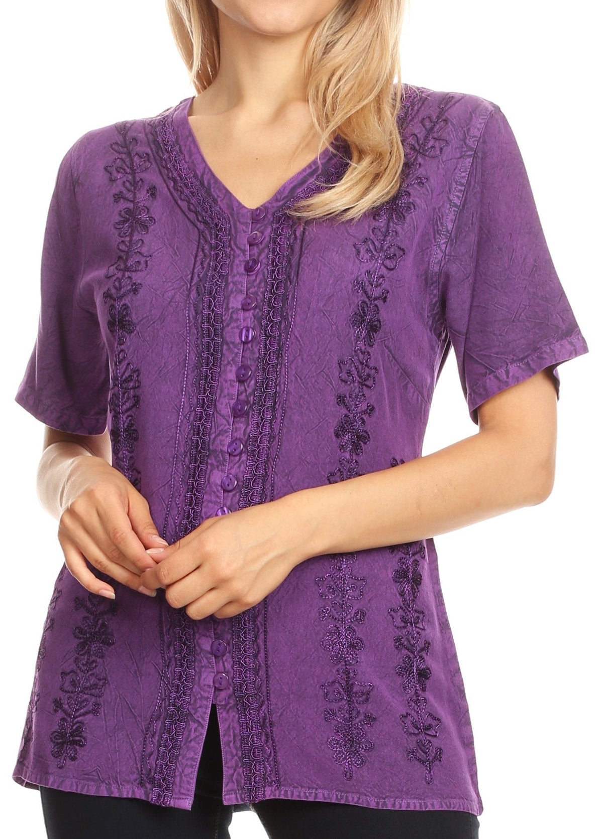Embroidered V-Neck Button-Down Blouse