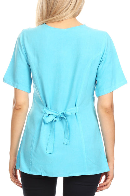 Embroidered V-Neck Button-Down Blouse