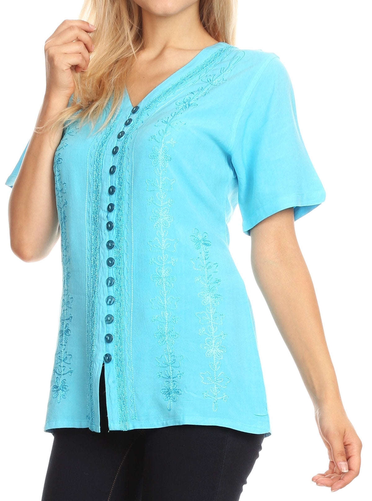 Embroidered V-Neck Button-Down Blouse