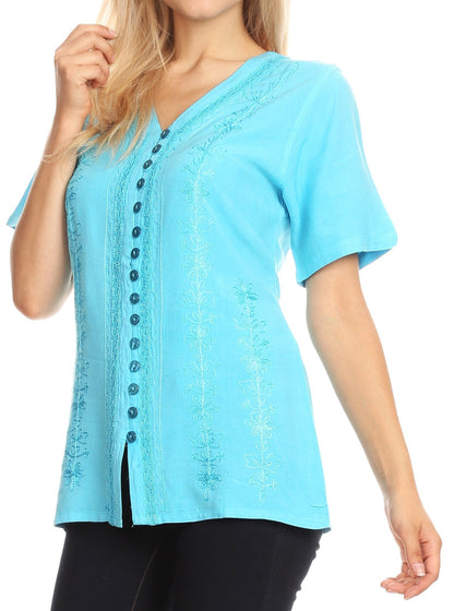 Embroidered V-Neck Button-Down Blouse