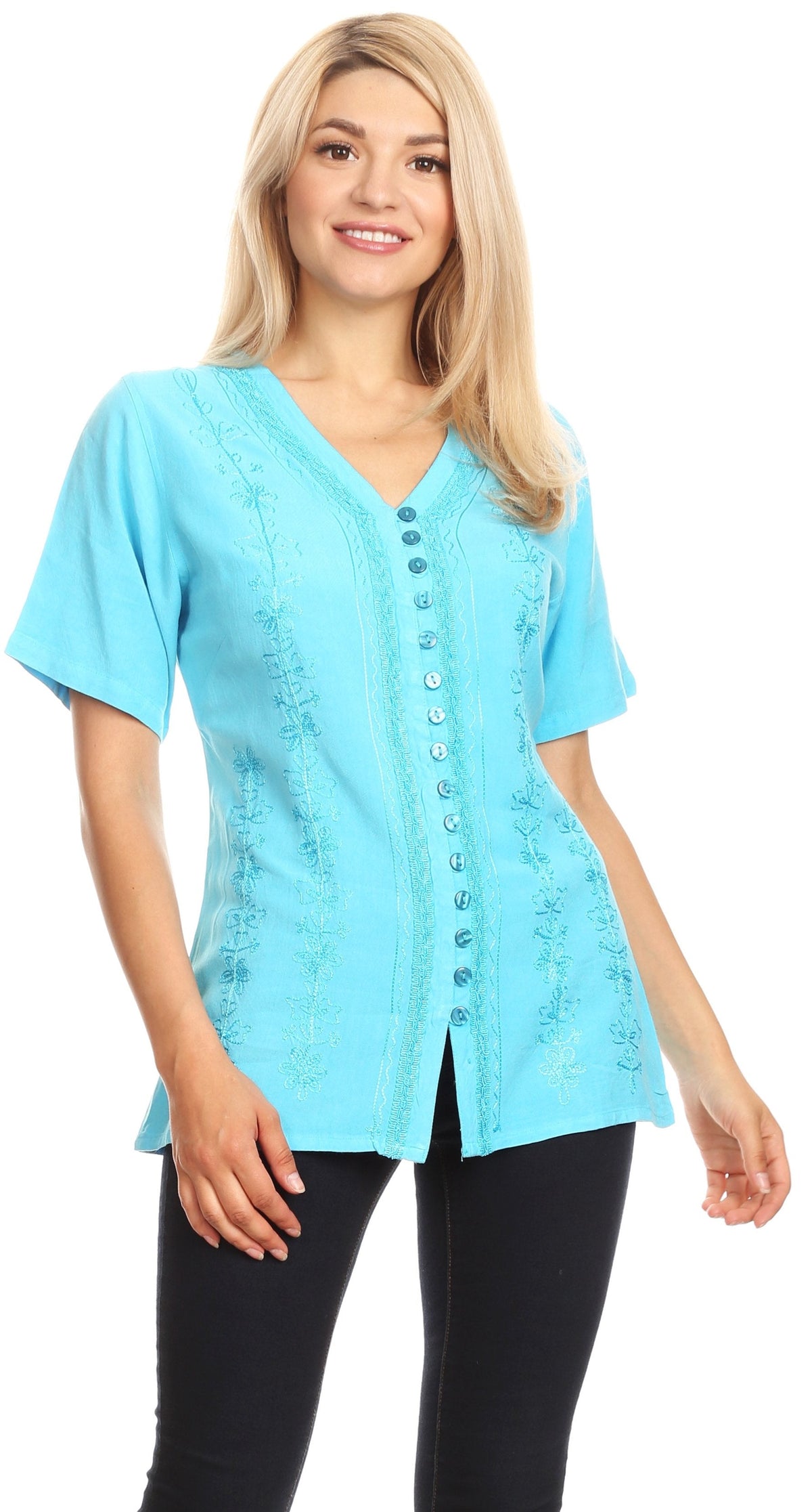 Embroidered V-Neck Button-Down Blouse