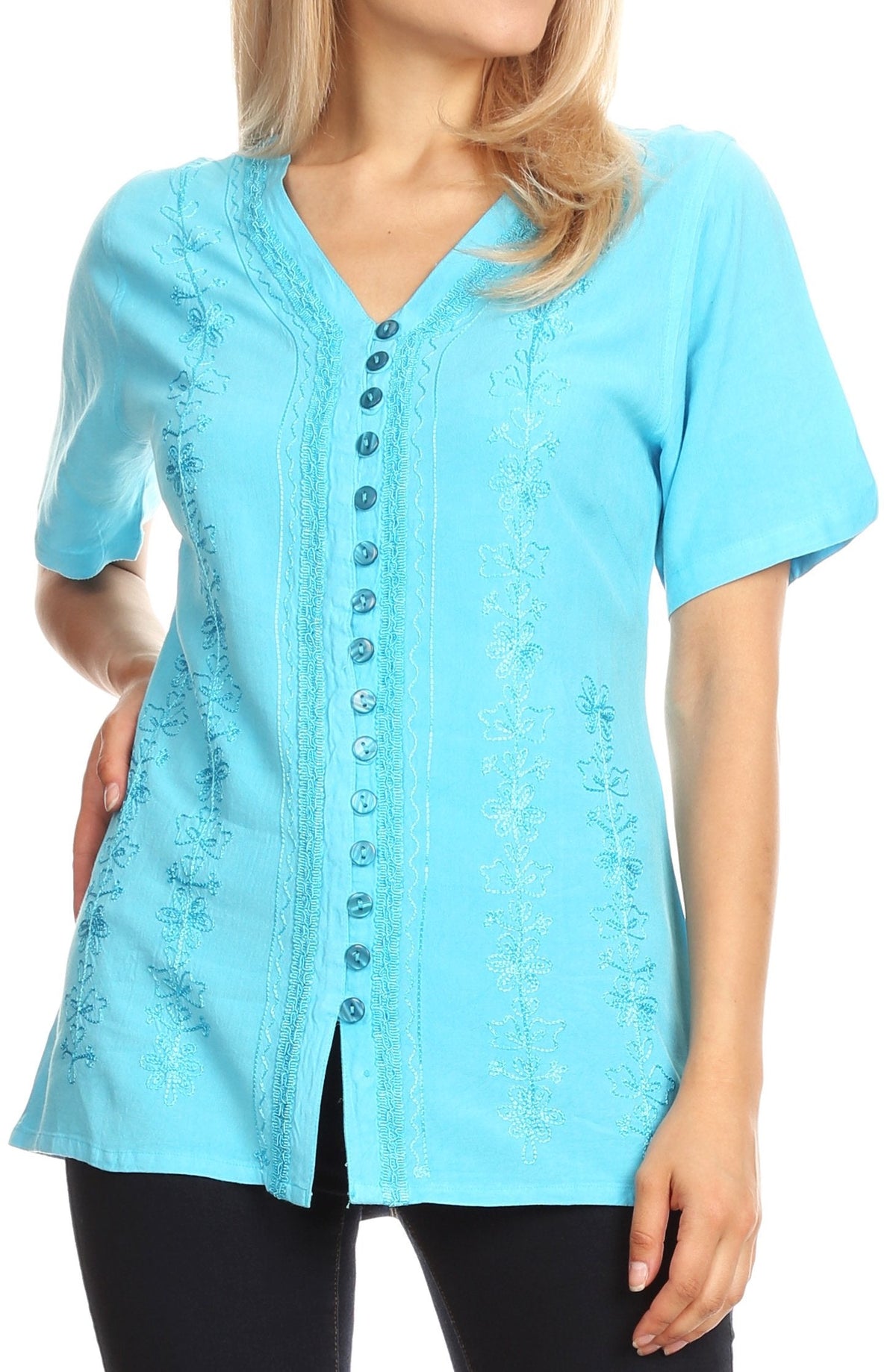 Embroidered V-Neck Button-Down Blouse