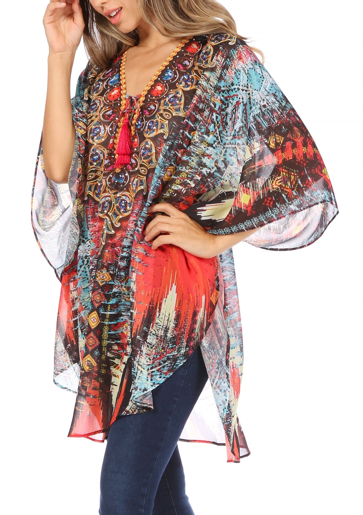Printed Tie-Neck Circle Blouse
