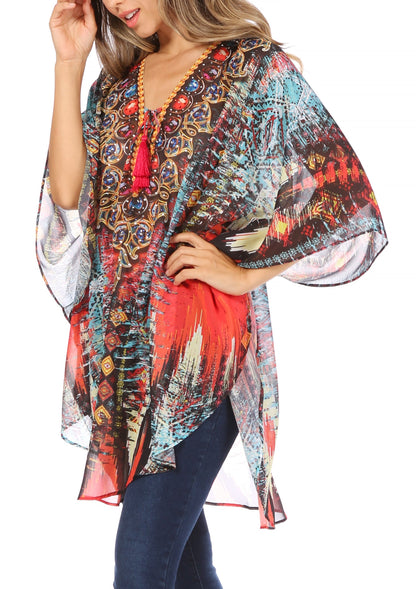 Printed Tie-Neck Circle Blouse