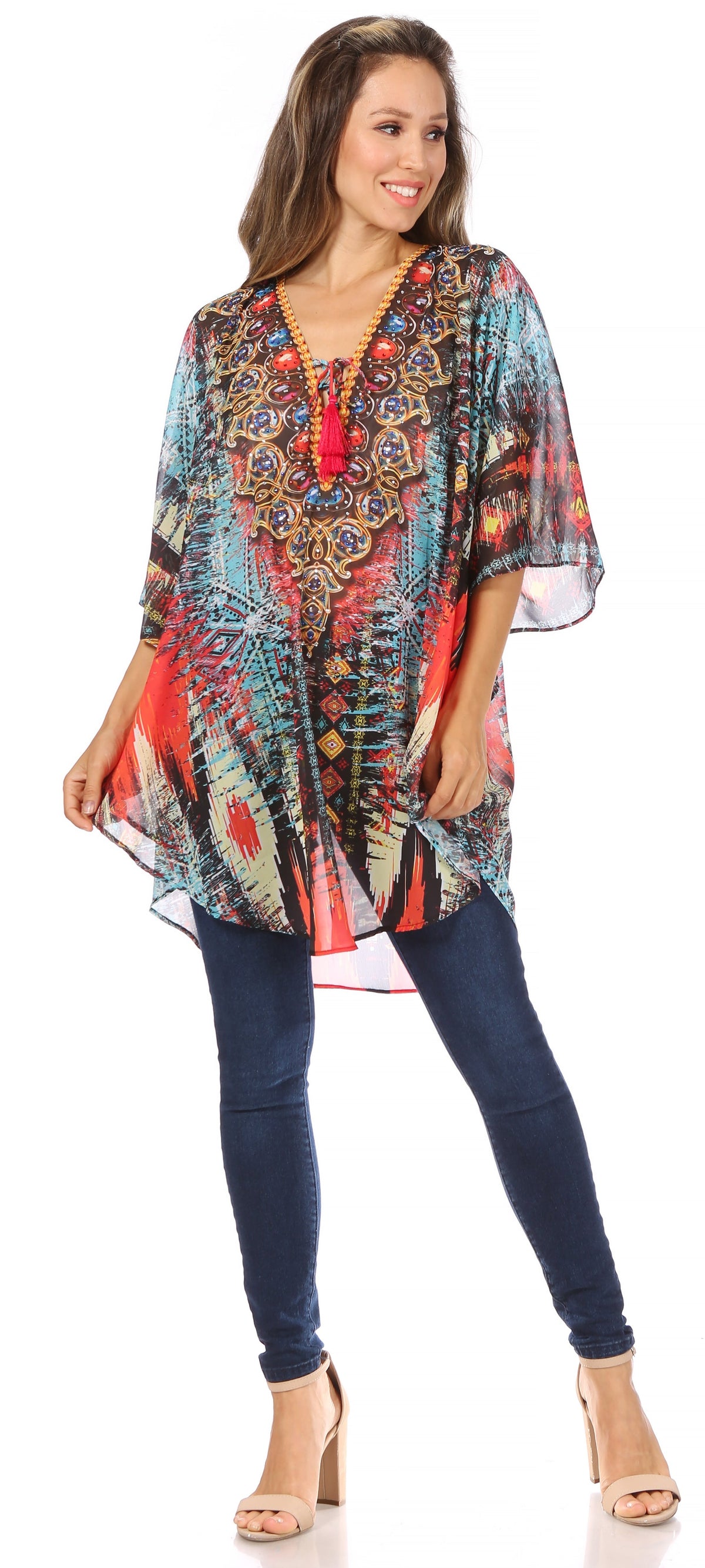 Printed Tie-Neck Circle Blouse