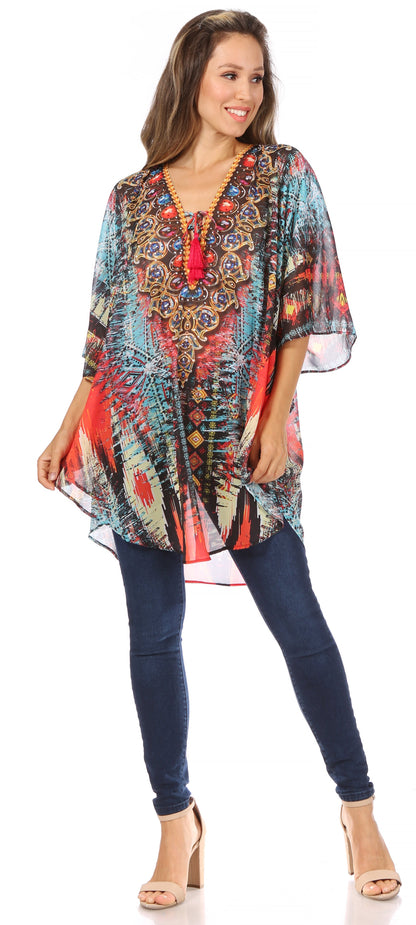Printed Tie-Neck Circle Blouse