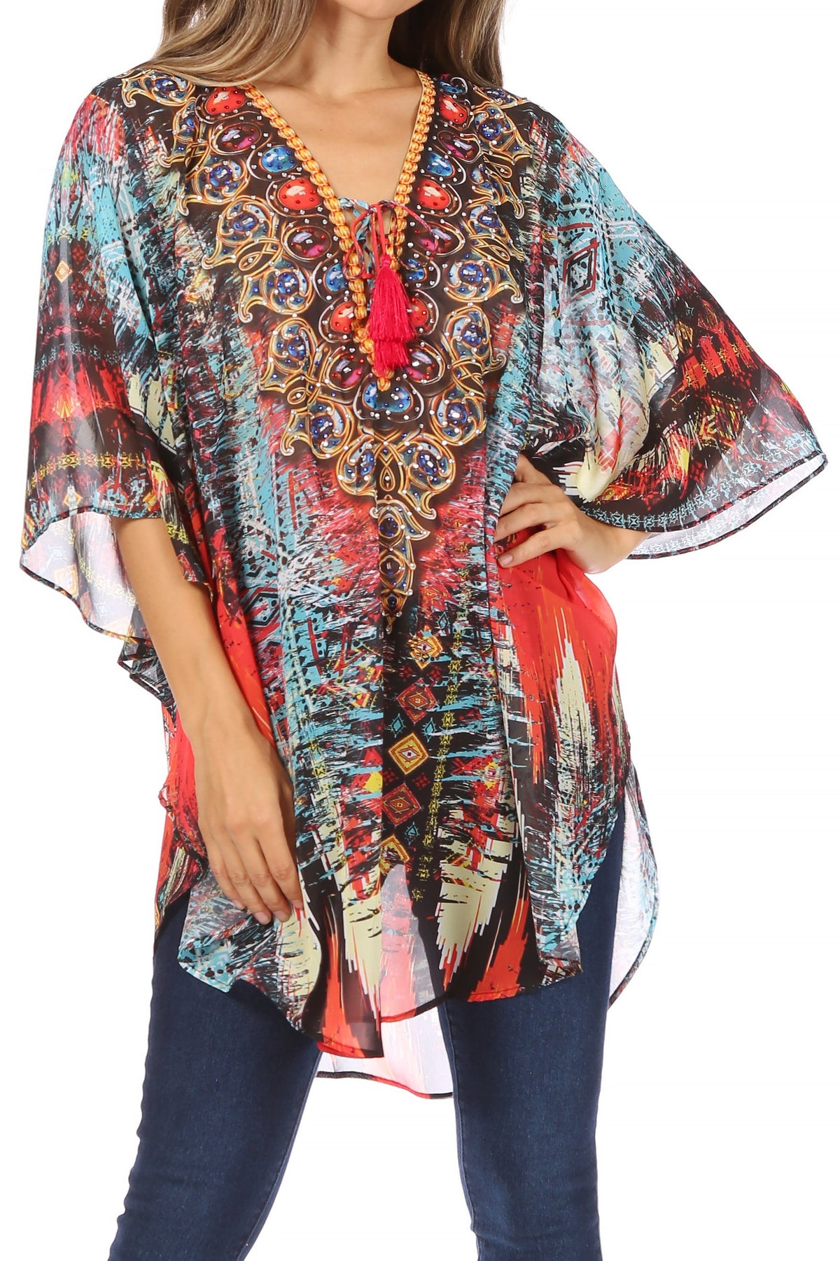 Printed Tie-Neck Circle Blouse
