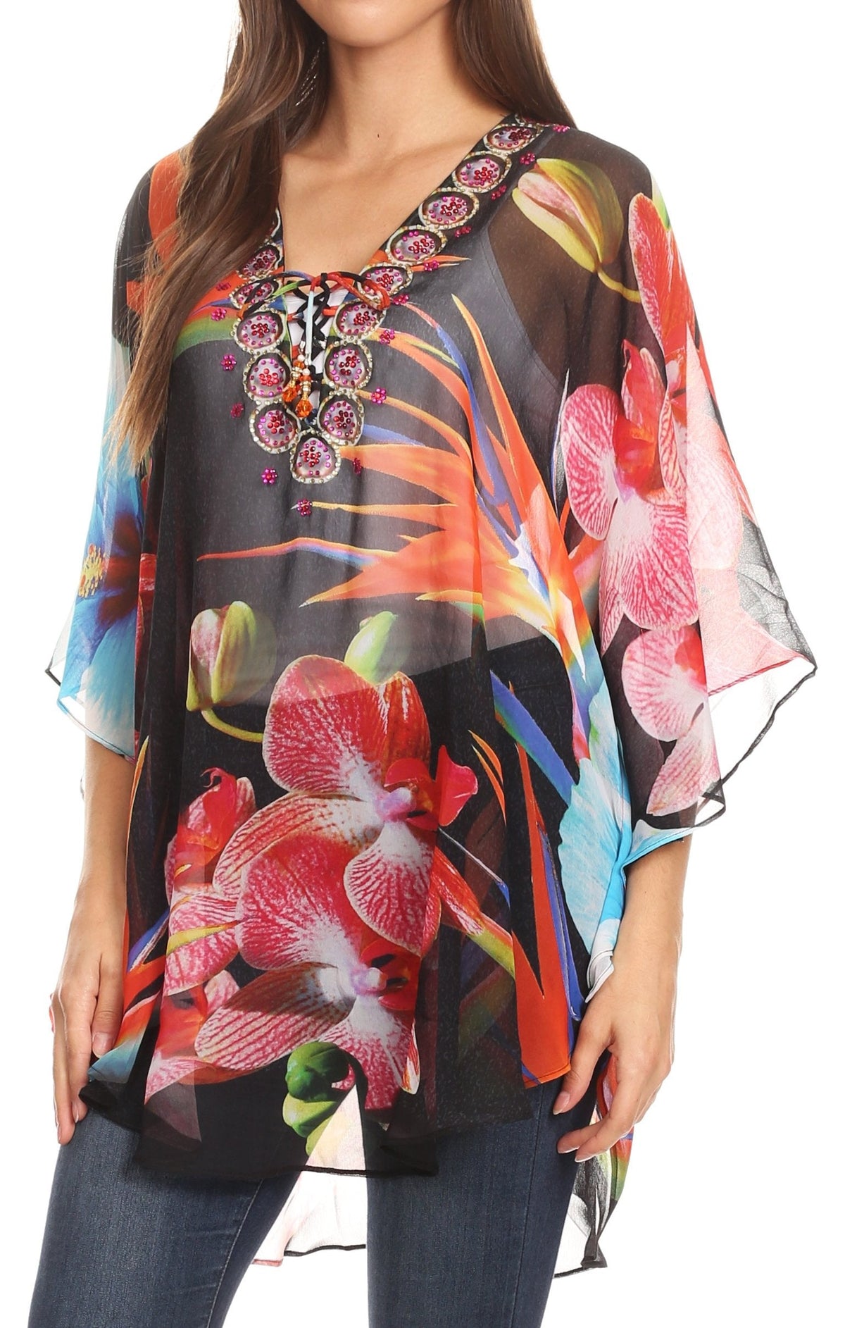 Printed Tie-Neck Circle Blouse
