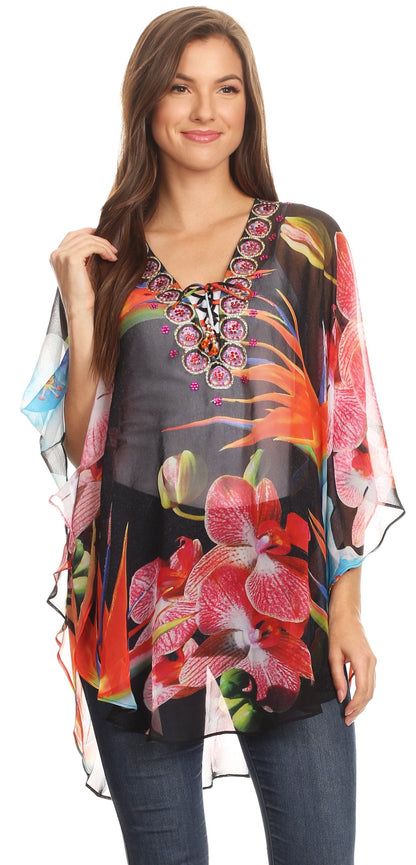 Printed Tie-Neck Circle Blouse