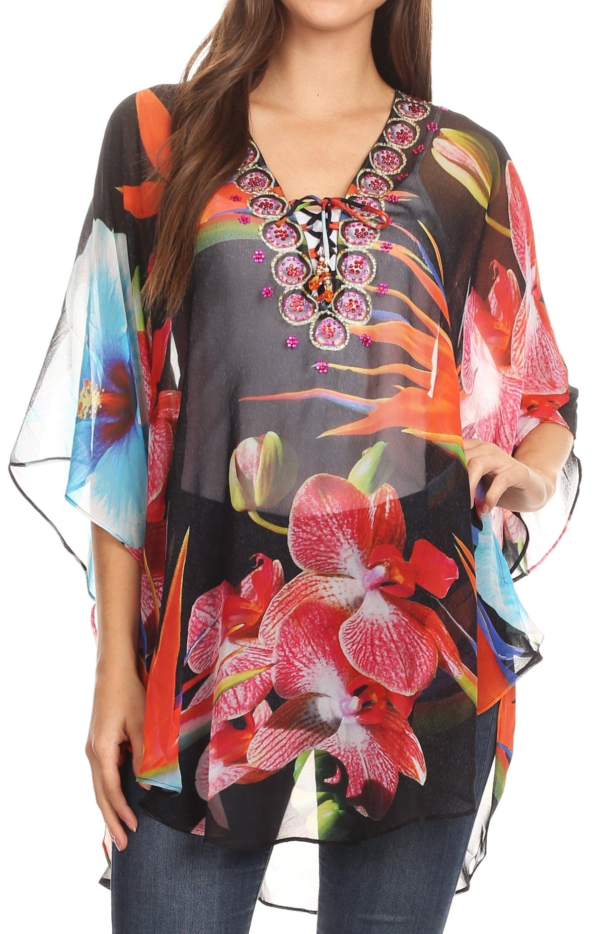 Printed Tie-Neck Circle Blouse