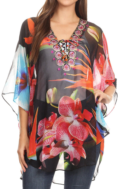 Printed Tie-Neck Circle Blouse