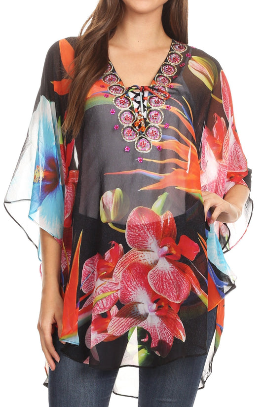 Printed Tie-Neck Circle Blouse