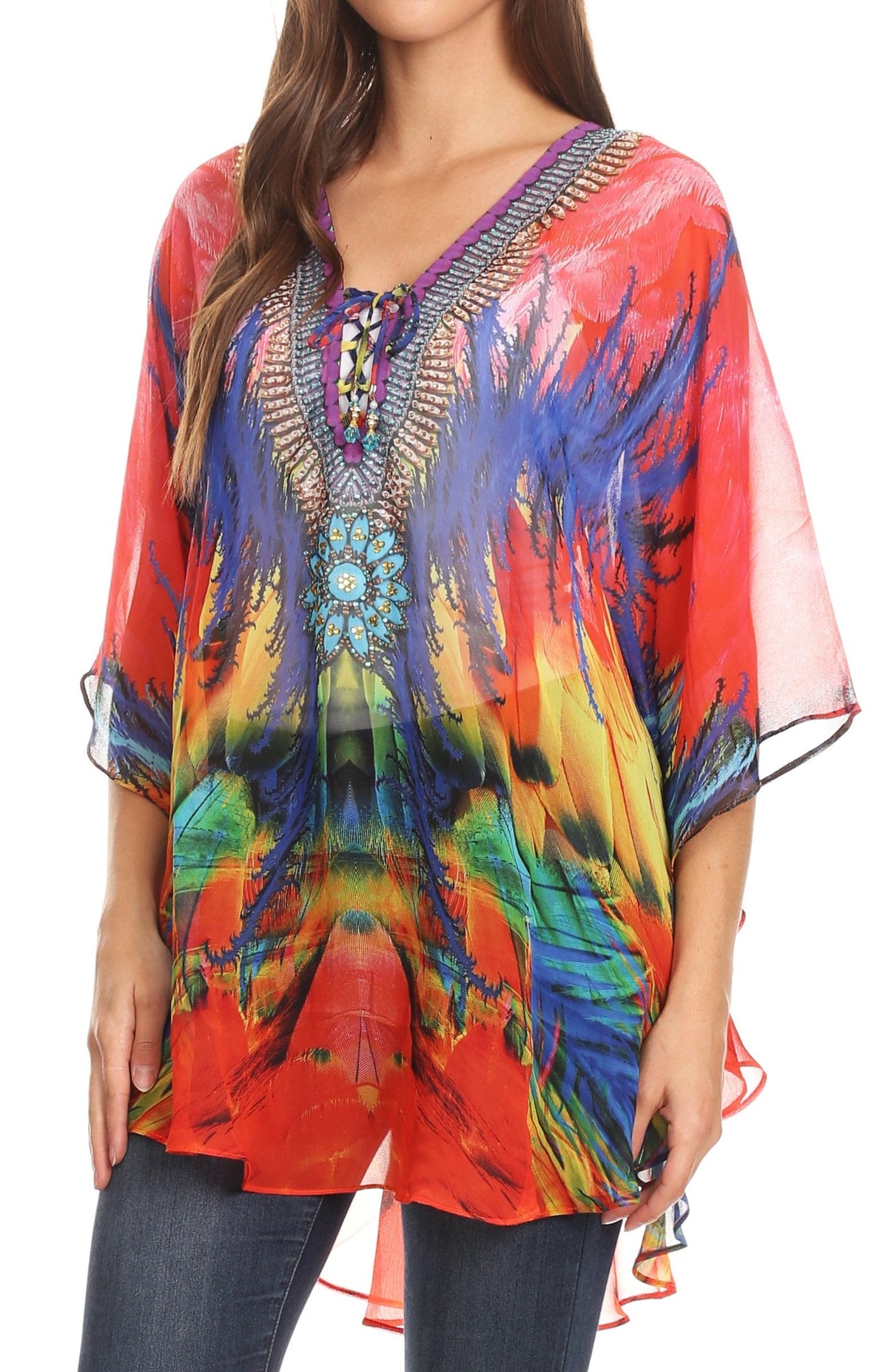 Printed Tie-Neck Circle Blouse