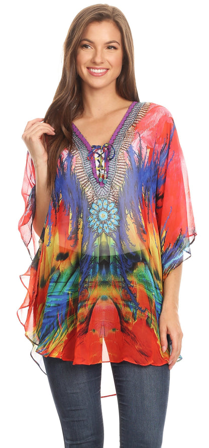 Printed Tie-Neck Circle Blouse