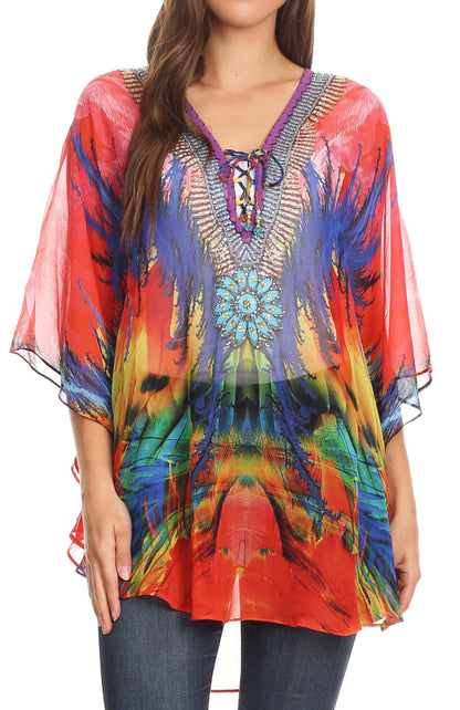Printed Tie-Neck Circle Blouse
