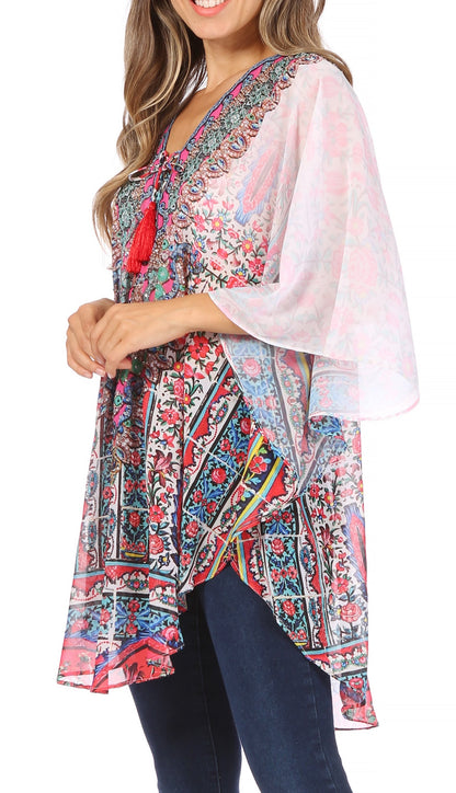 Printed Tie-Neck Circle Blouse