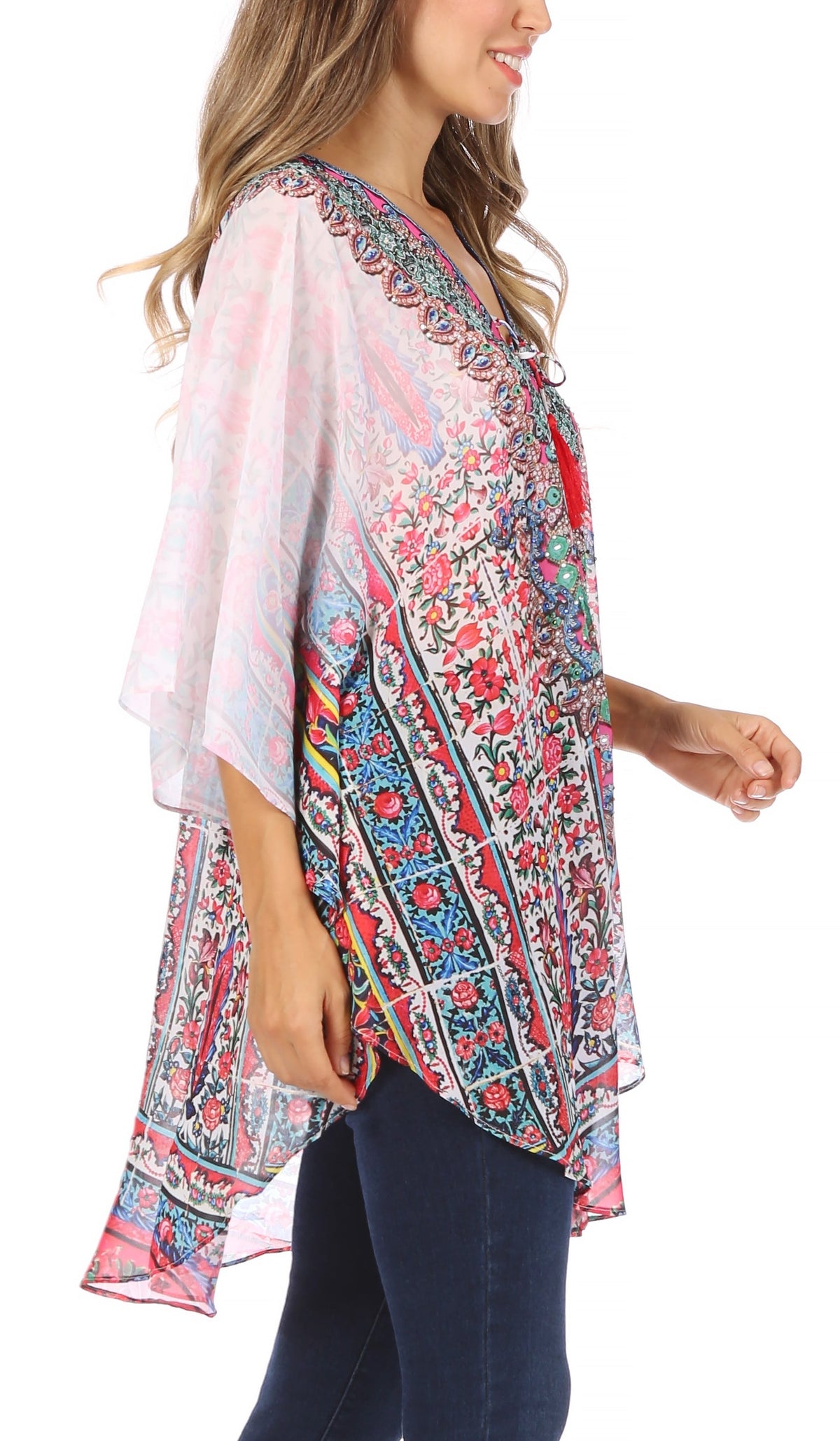 Printed Tie-Neck Circle Blouse