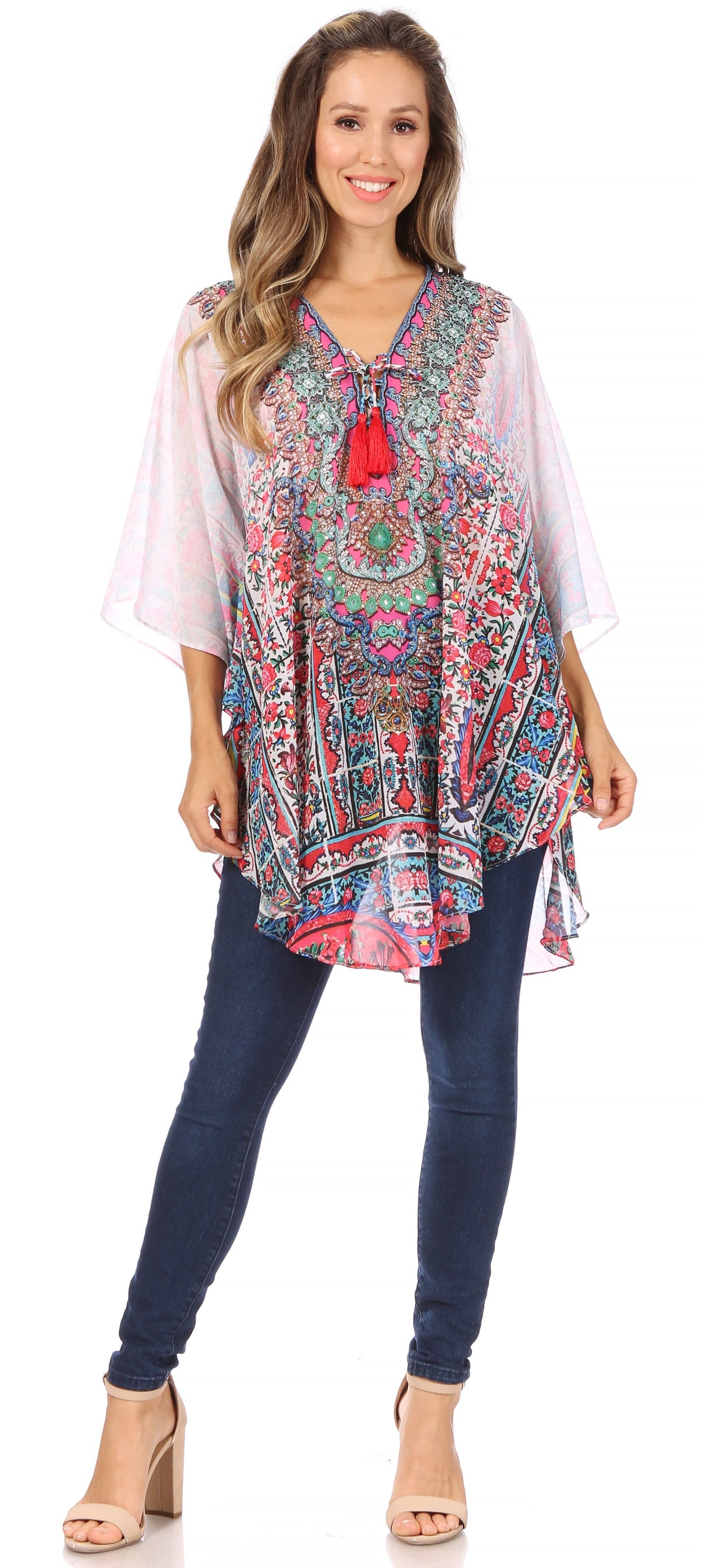 Printed Tie-Neck Circle Blouse