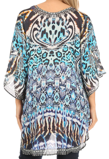 Printed Tie-Neck Circle Blouse