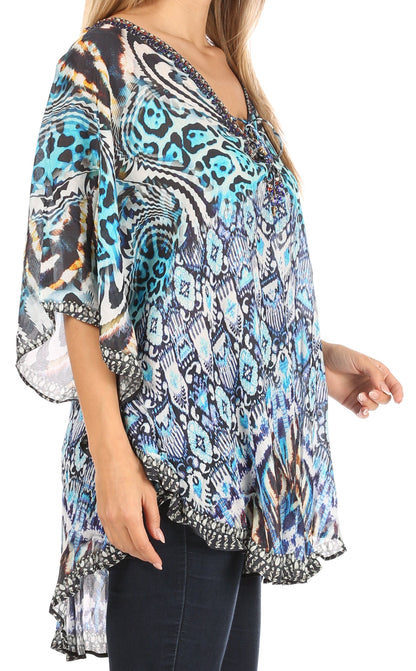 Printed Tie-Neck Circle Blouse