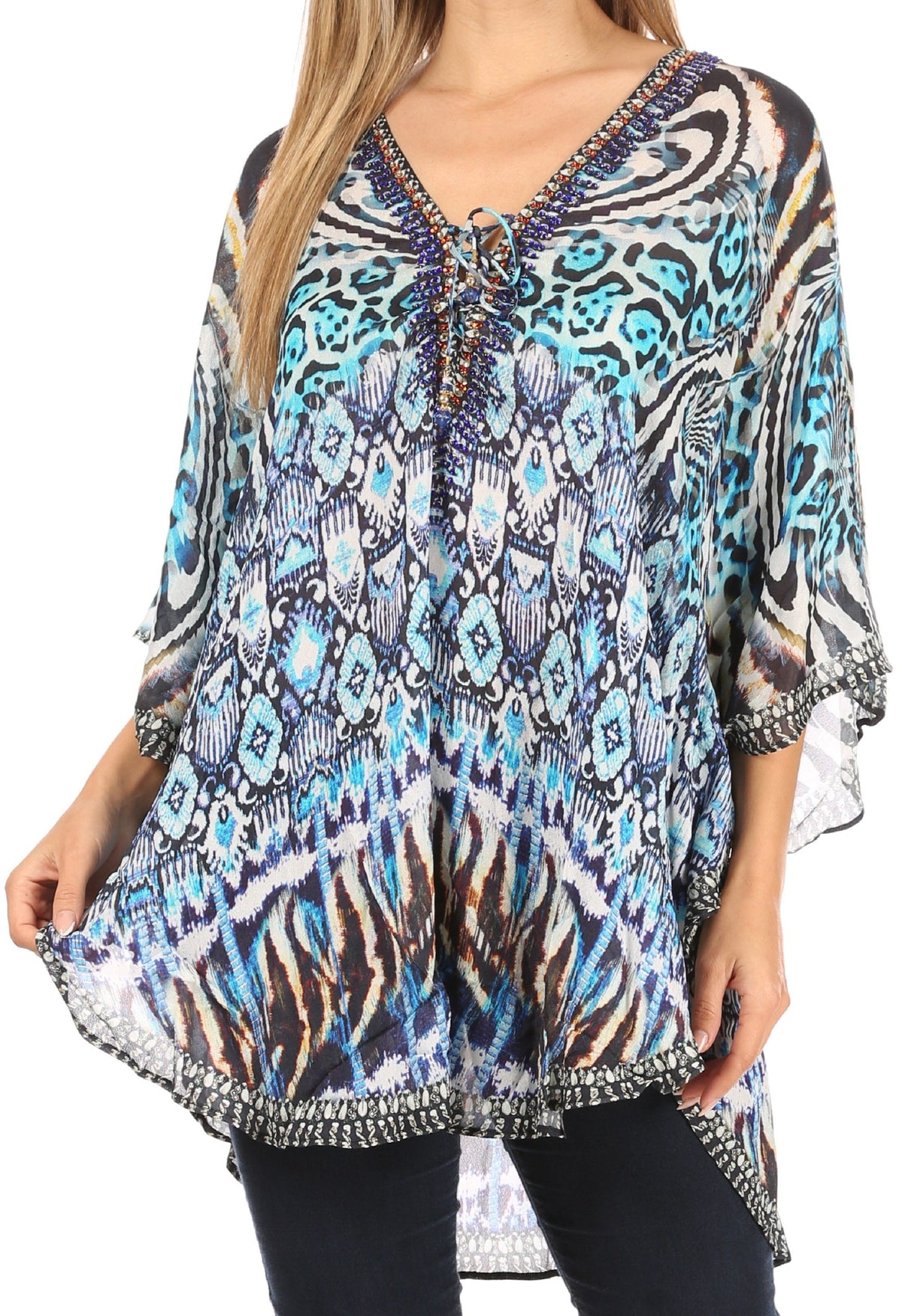 Printed Tie-Neck Circle Blouse