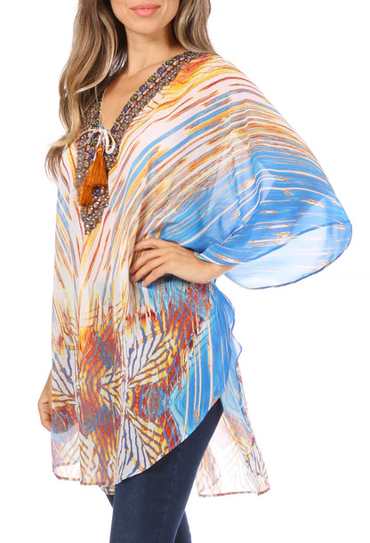 Printed Tie-Neck Circle Blouse