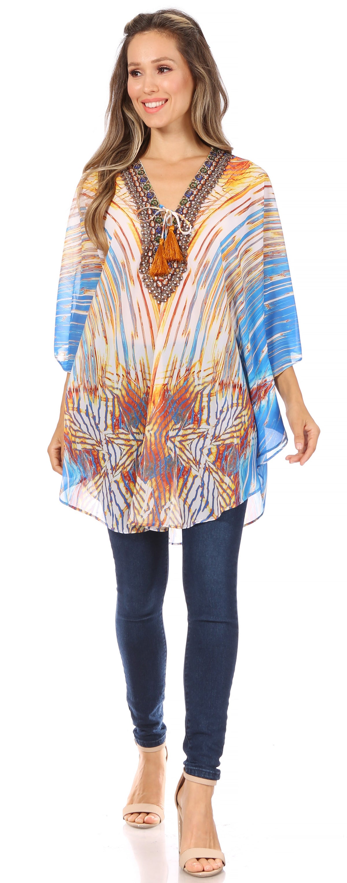 Printed Tie-Neck Circle Blouse