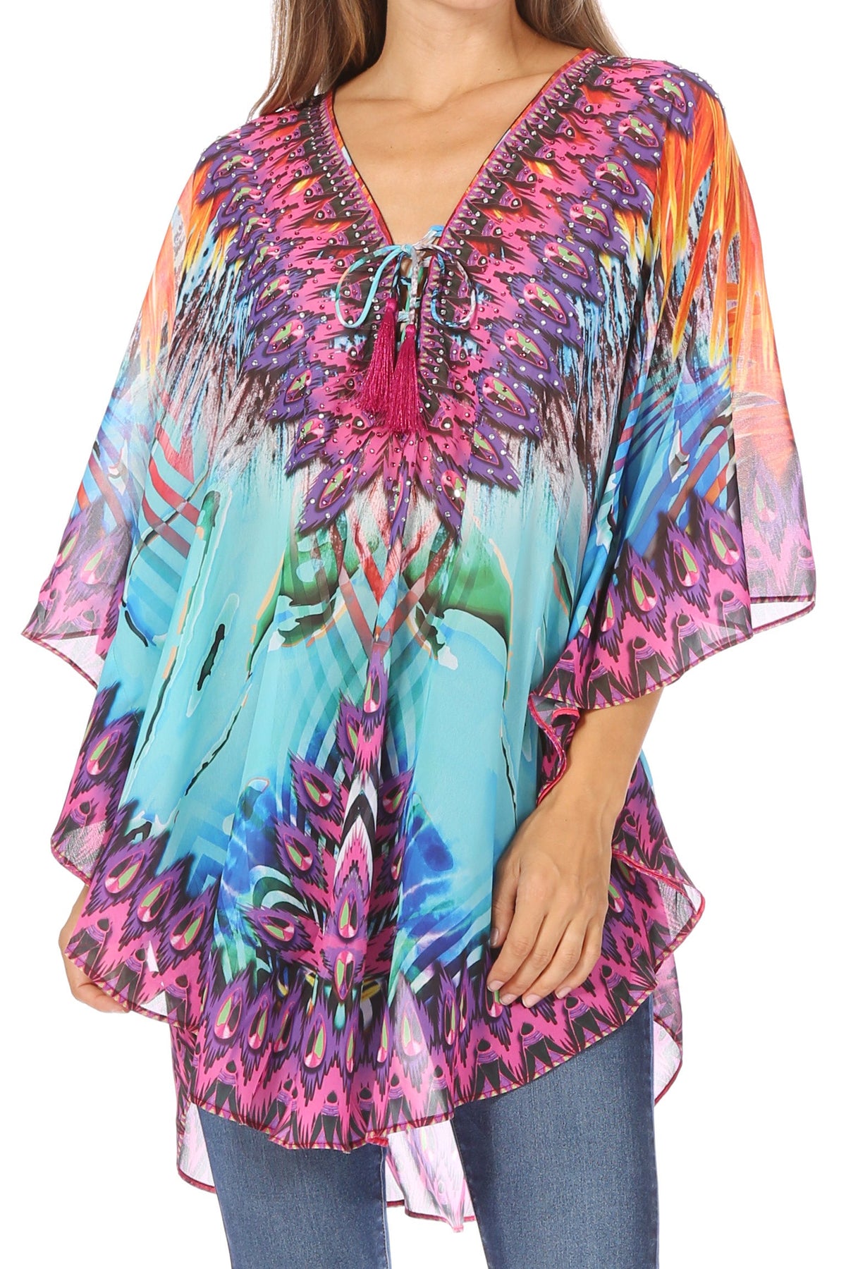 Printed Tie-Neck Circle Blouse