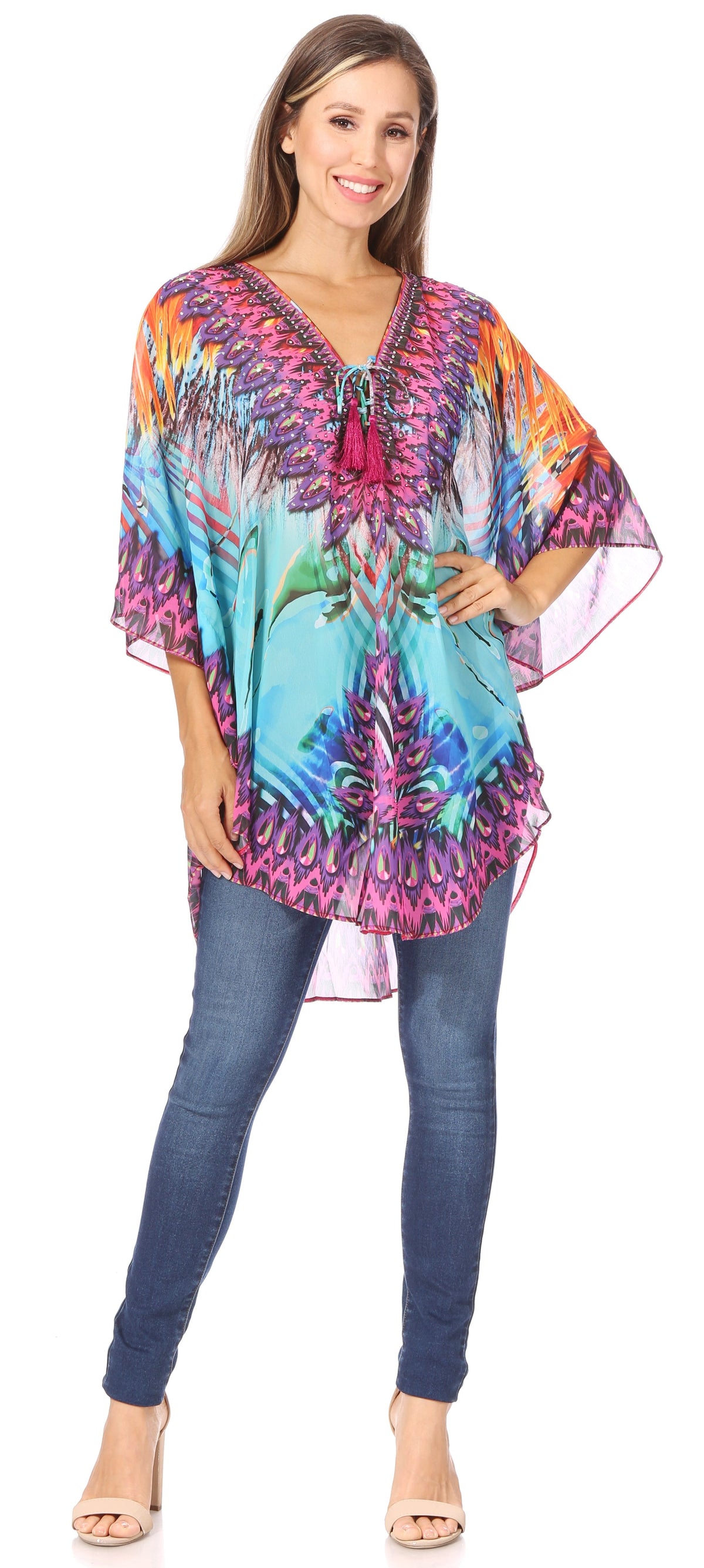 Printed Tie-Neck Circle Blouse