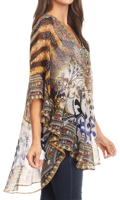 Printed Tie-Neck Circle Blouse