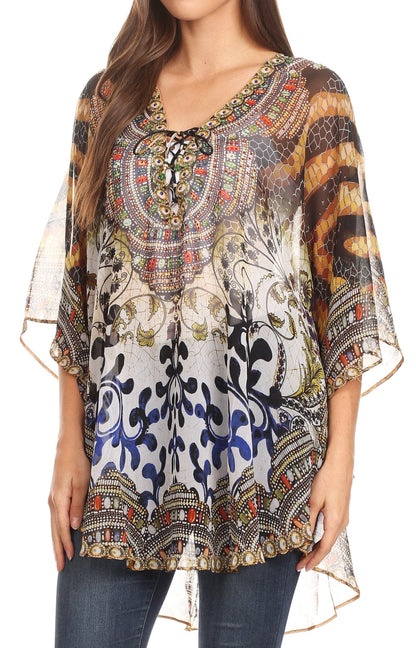 Printed Tie-Neck Circle Blouse