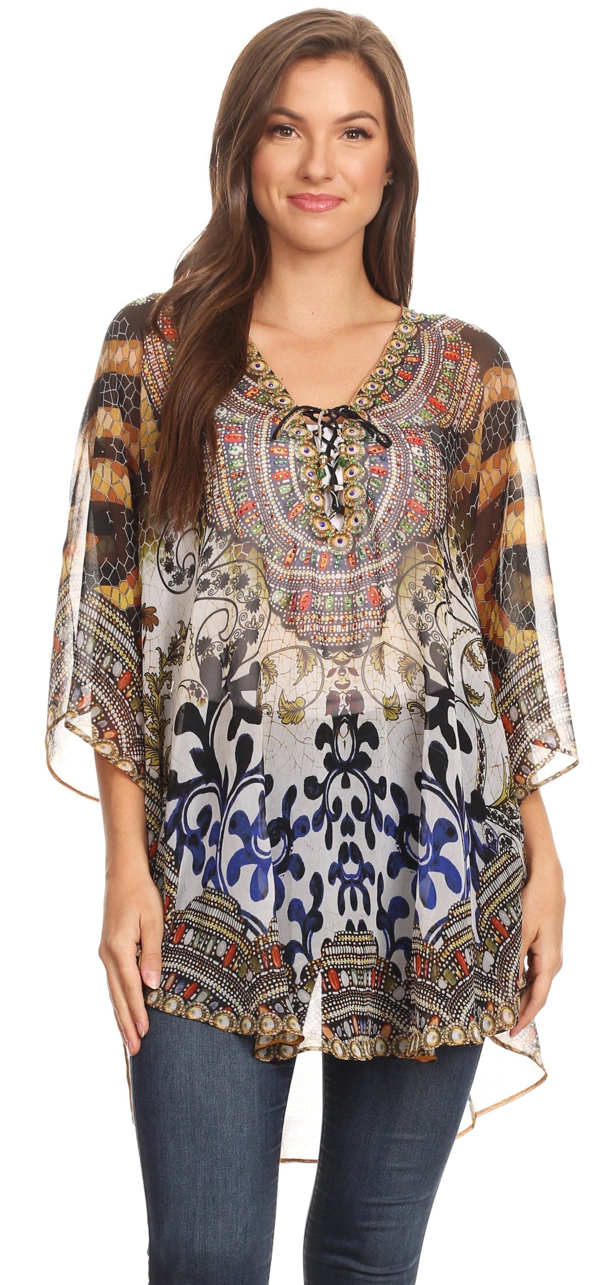 Printed Tie-Neck Circle Blouse