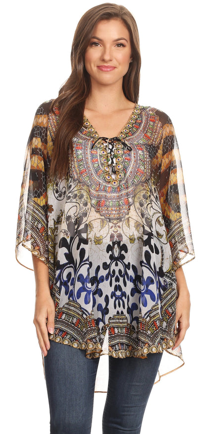 Printed Tie-Neck Circle Blouse