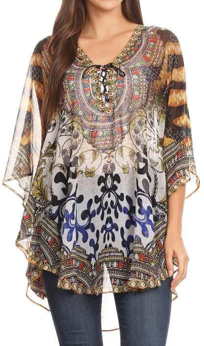 Printed Tie-Neck Circle Blouse