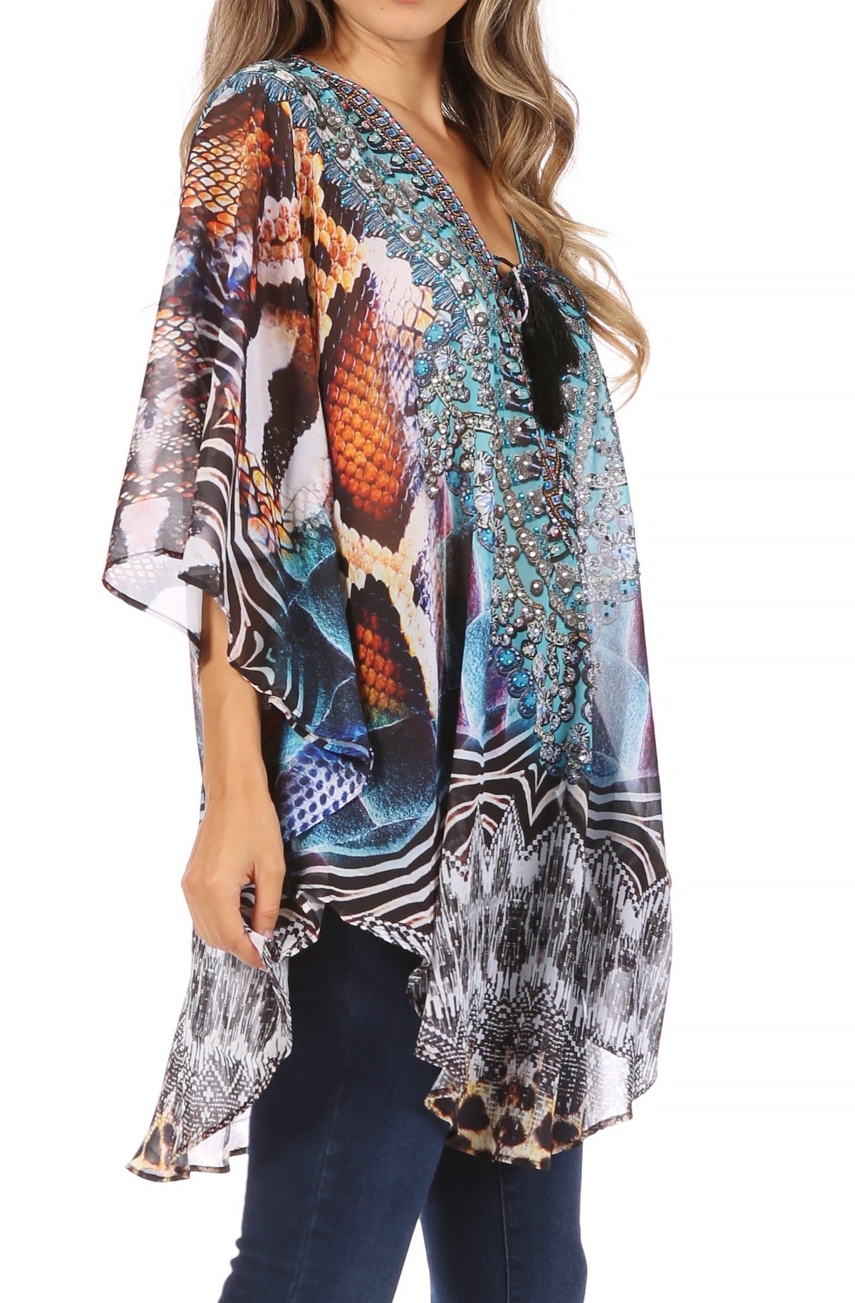 Printed Tie-Neck Circle Blouse