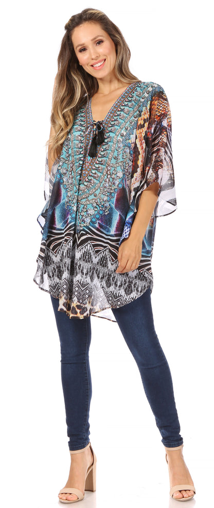 Printed Tie-Neck Circle Blouse