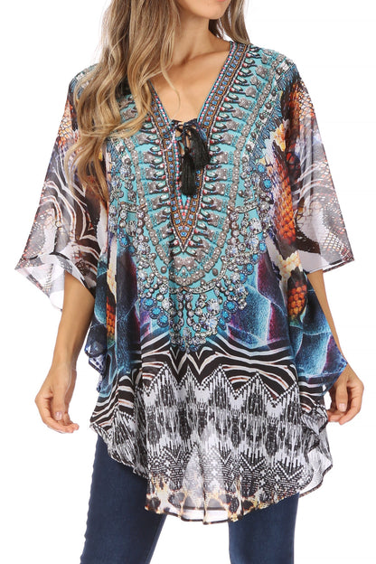 Printed Tie-Neck Circle Blouse