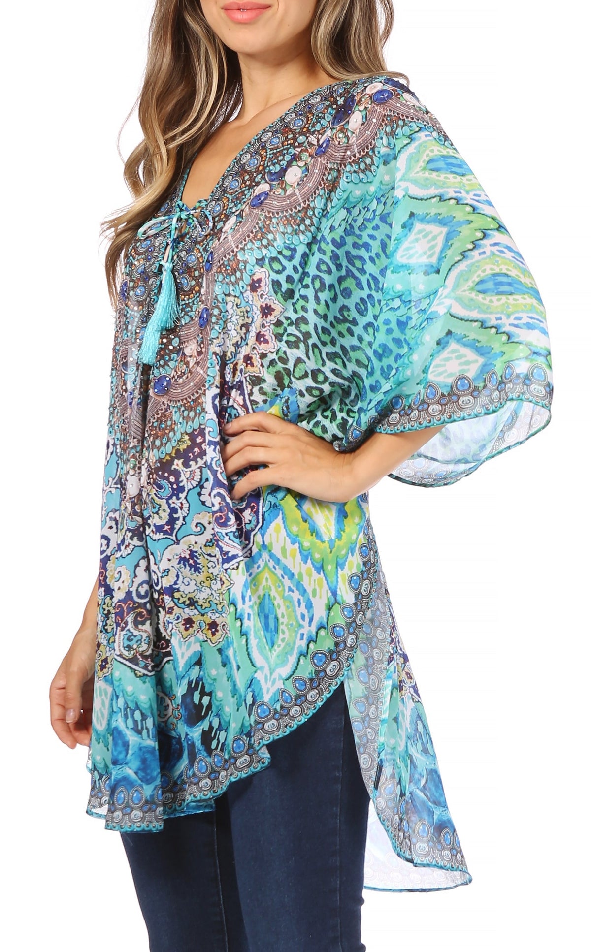 Printed Tie-Neck Circle Blouse