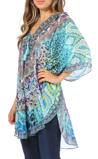 Printed Tie-Neck Circle Blouse