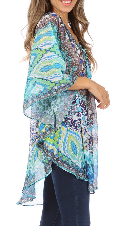 Printed Tie-Neck Circle Blouse
