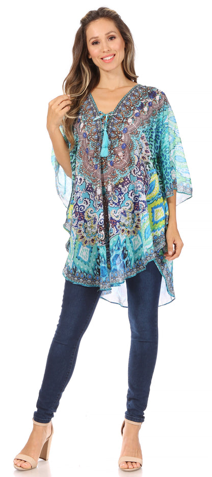 Printed Tie-Neck Circle Blouse