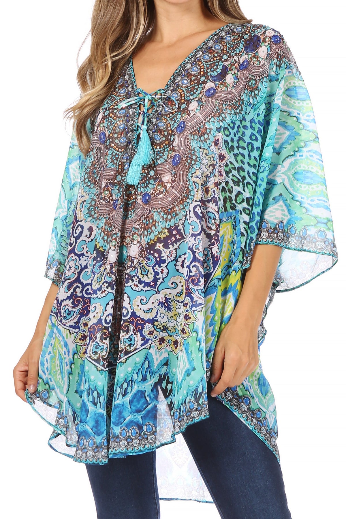 Printed Tie-Neck Circle Blouse