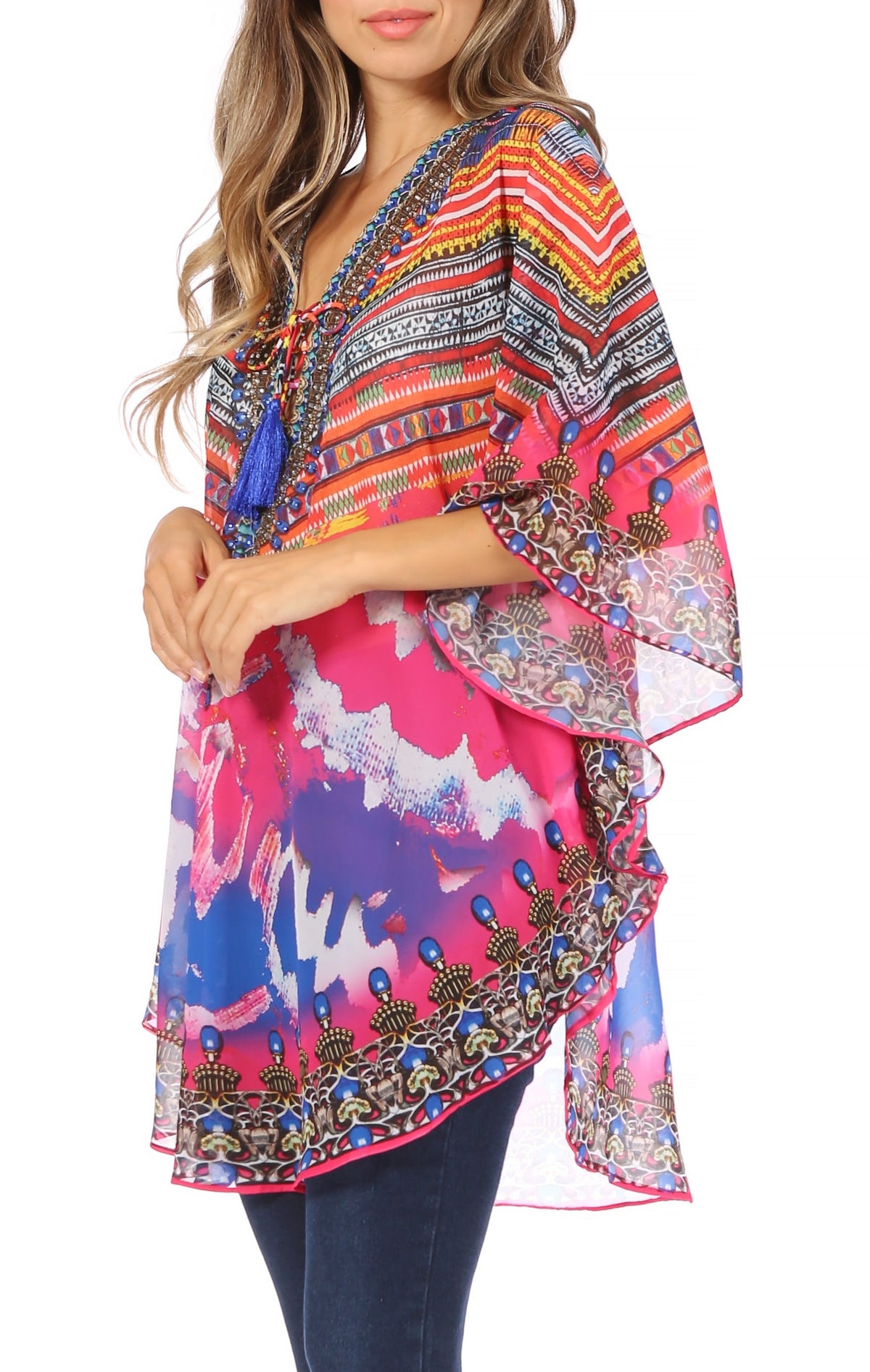 Printed Tie-Neck Circle Blouse