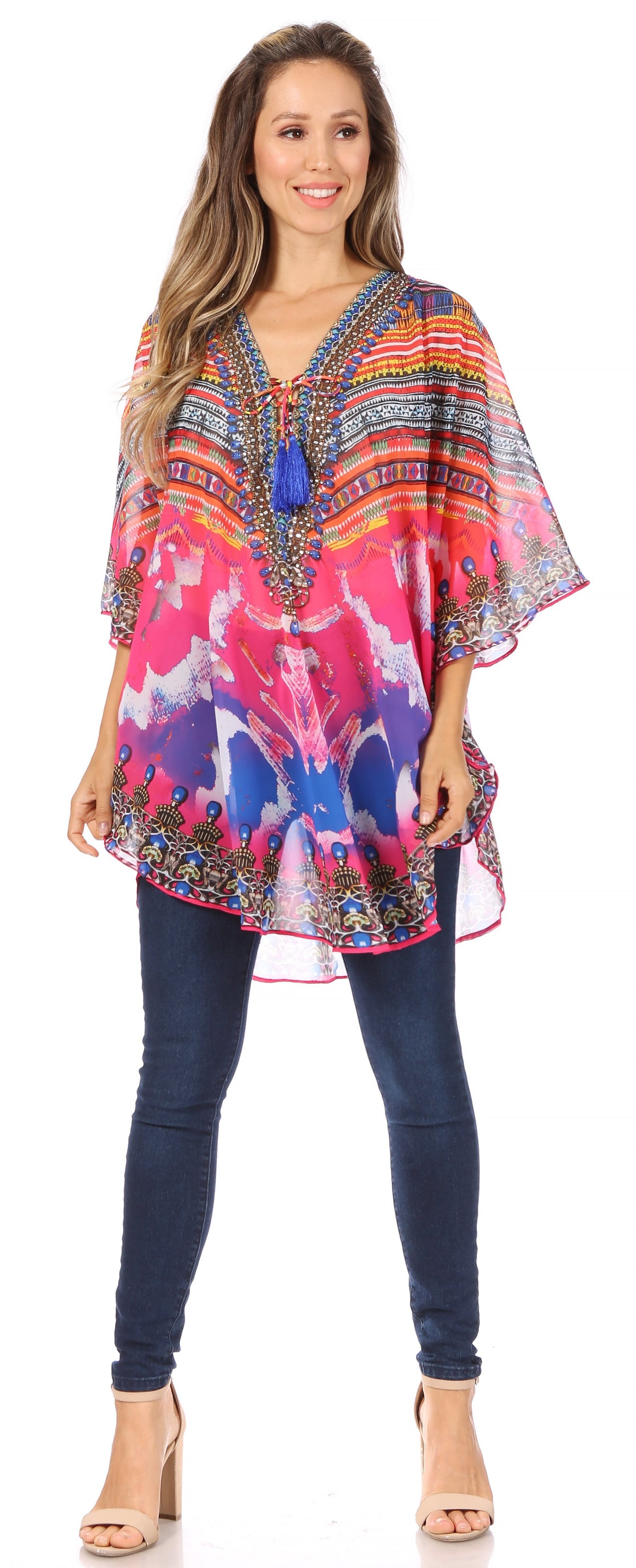 Printed Tie-Neck Circle Blouse