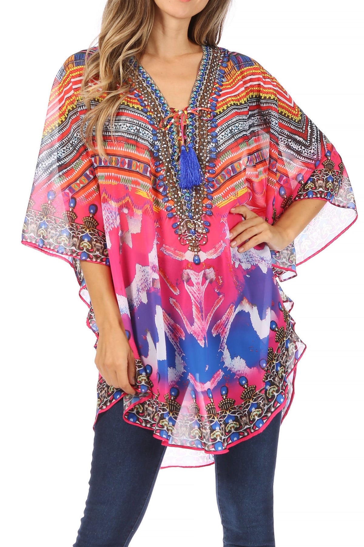 Printed Tie-Neck Circle Blouse