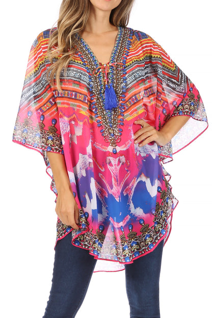 Printed Tie-Neck Circle Blouse