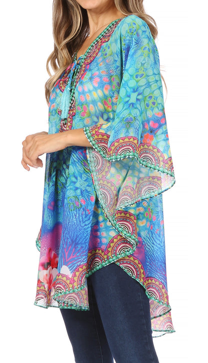 Printed Tie-Neck Circle Blouse