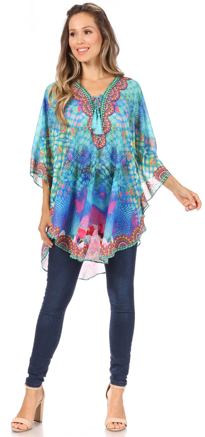 Printed Tie-Neck Circle Blouse