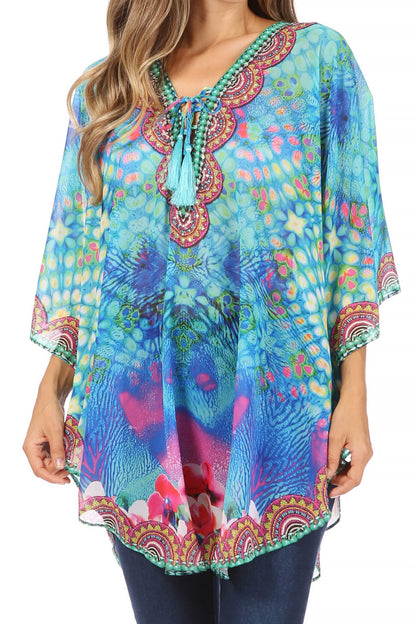 Printed Tie-Neck Circle Blouse